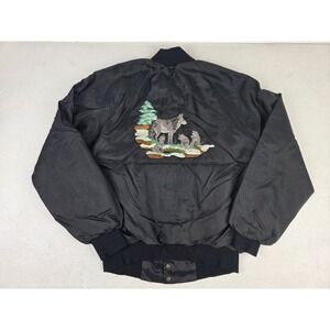 Vintage West Ark Satin Bomber Black Jacket Wolf Pack Nature Mens M USA Made